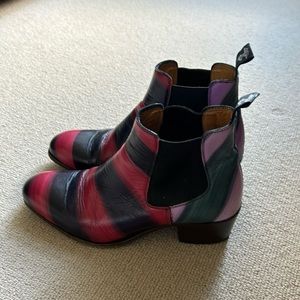 Fun Fluevog Chelsea Boots with multicolor stripes